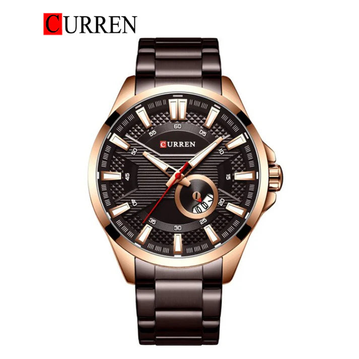 M:8372 Curren Brown Dial Brown Stainless Steel & Round Analog Dial Fashion Causal Men's Watch.