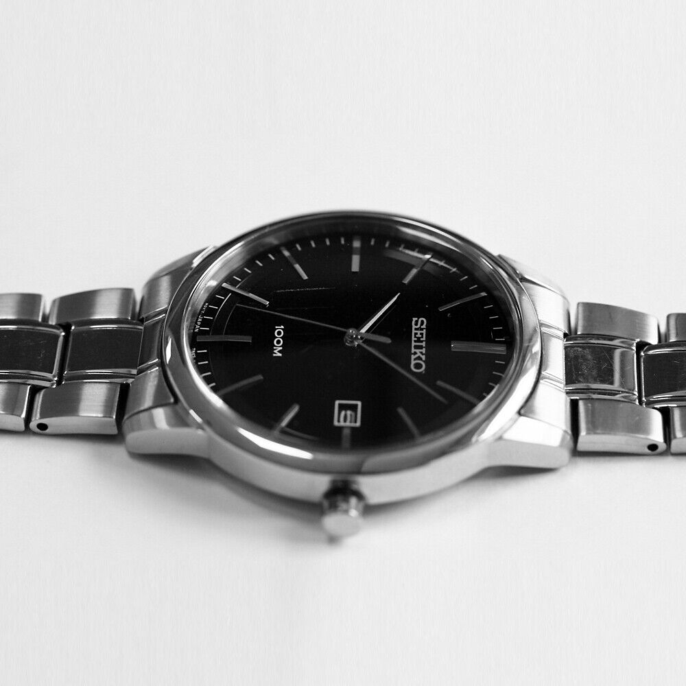 SGEH09P1 Seiko Black Dial Silver Stainless Steel Chain Analog Quartz Men’s Watch. - Timecheck
