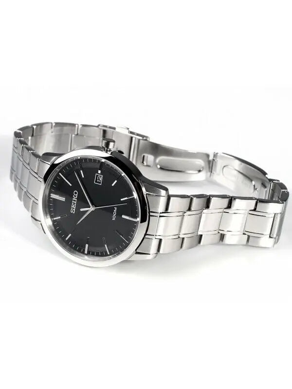 SGEH09P1 Seiko Black Dial Silver Stainless Steel Chain Analog Quartz Men’s Watch. - Timecheck