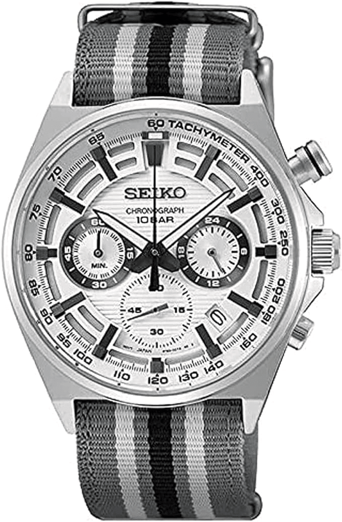 SSB401P1 Seiko White Dial Nylon Strap Steel Case Chronograph Men's Watch. - Timecheck