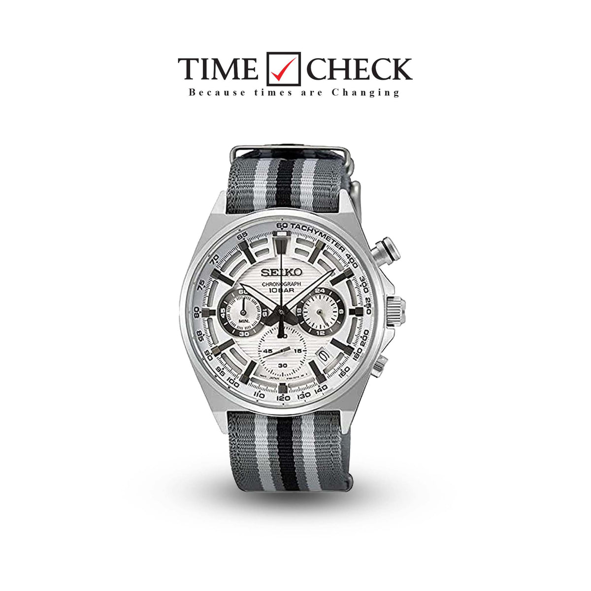 SSB401P1 Seiko White Dial Nylon Strap Steel Case Chronograph Men's Watch. - Timecheck