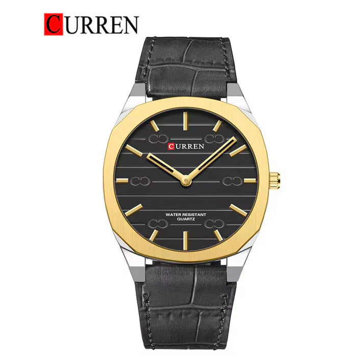 M:8480 Curren Black Dial Black Leather Strap Classic Analog Quartz Men's Watch.