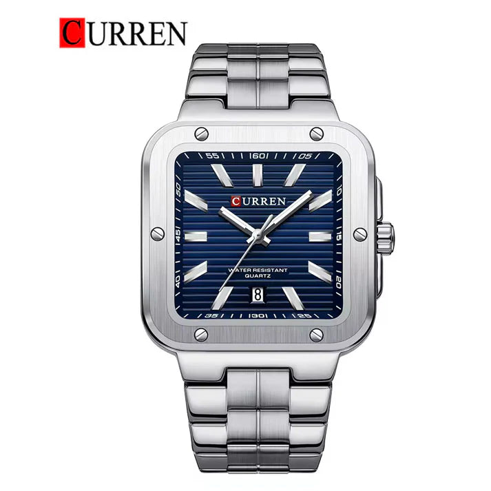 M:8479 CURREN Blue Dial SILVER Stainless Steel Chain Analog Quartz Men's Watch With Box & Bag