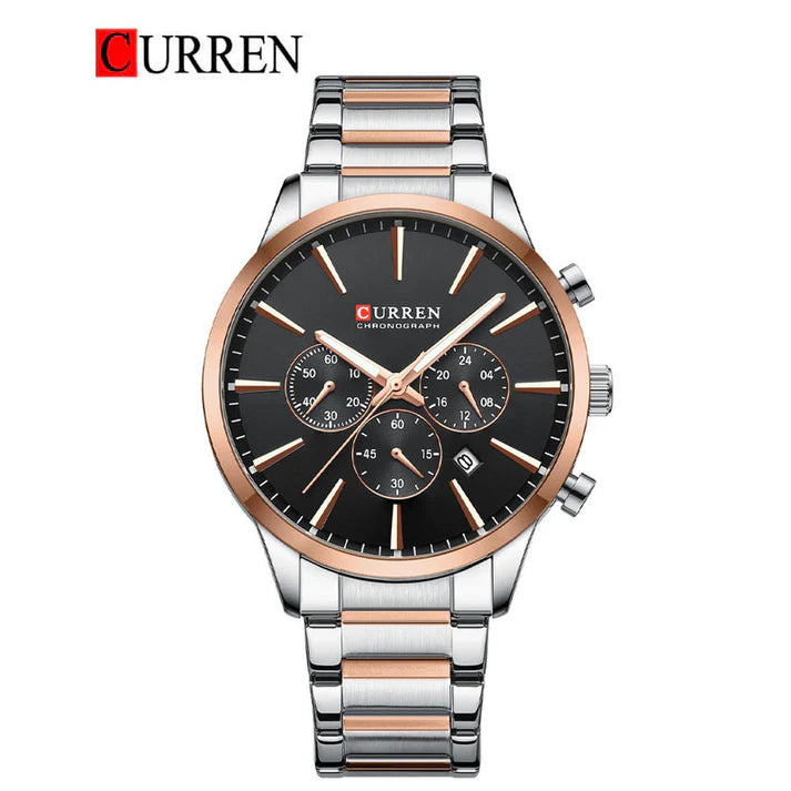 M:8435 Curren Black Dial Rose & Gold Stainless Steel Chain Chronograph Men's Watch.