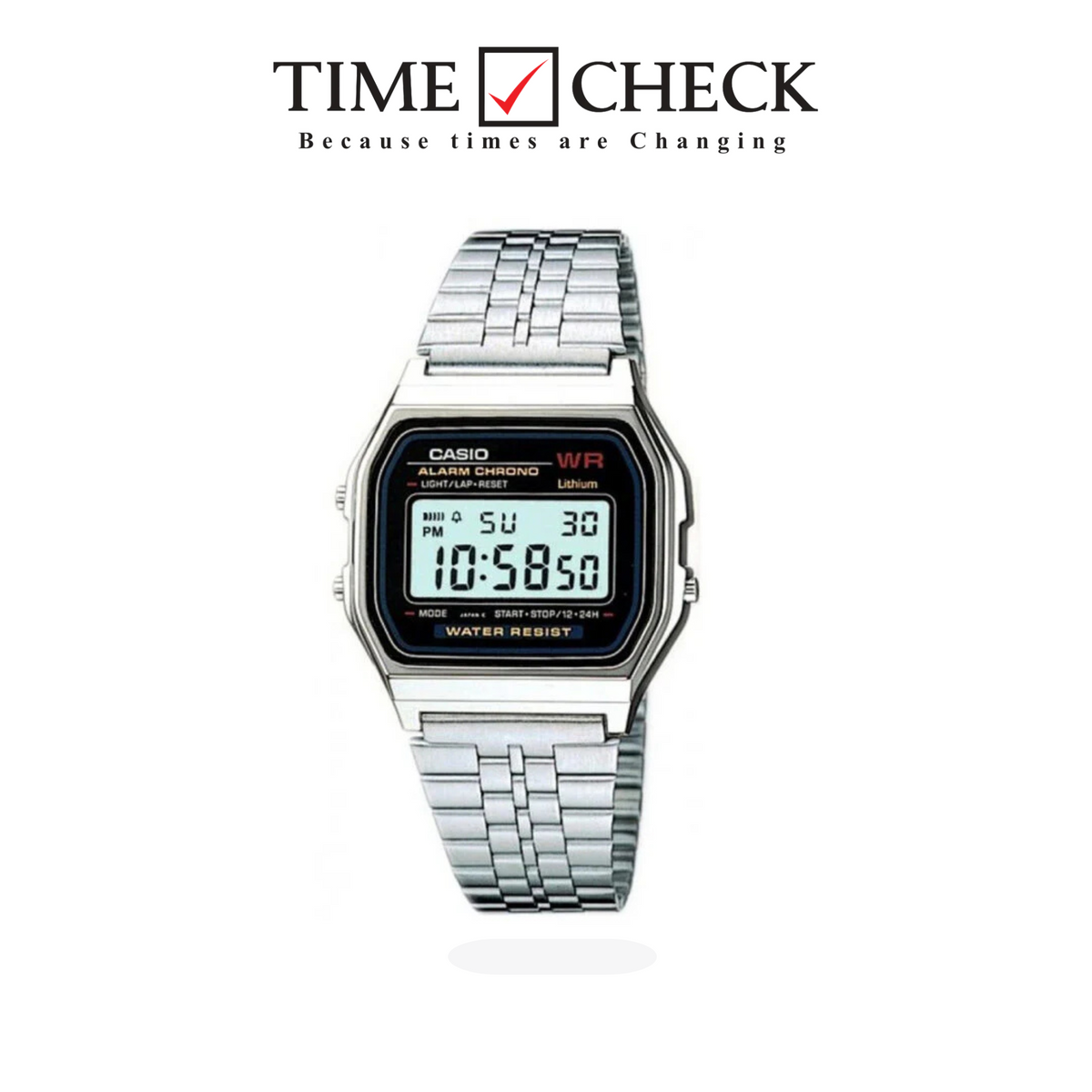 A159W N1DF Casio Vintage Stainless Steel Silver Tone Digital Rectangle Timecheck