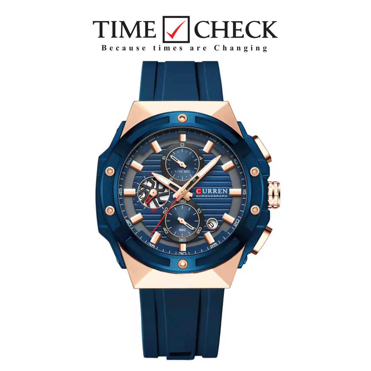 M:8462 CURREN Blue Dial Gold Body Blue Rubber Strap Chronograph Analog Quartz Men's Watch