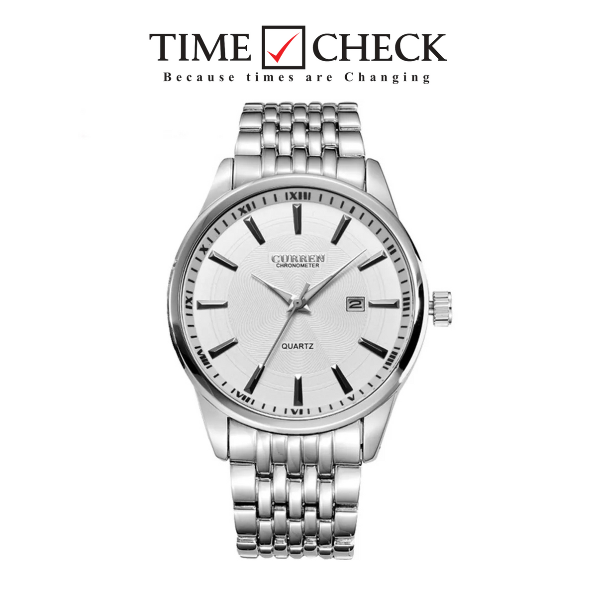 M:8052 Curren White Dial Silver Stainless Steel Chain Analog Quartz Men's Watch With Box & Bag