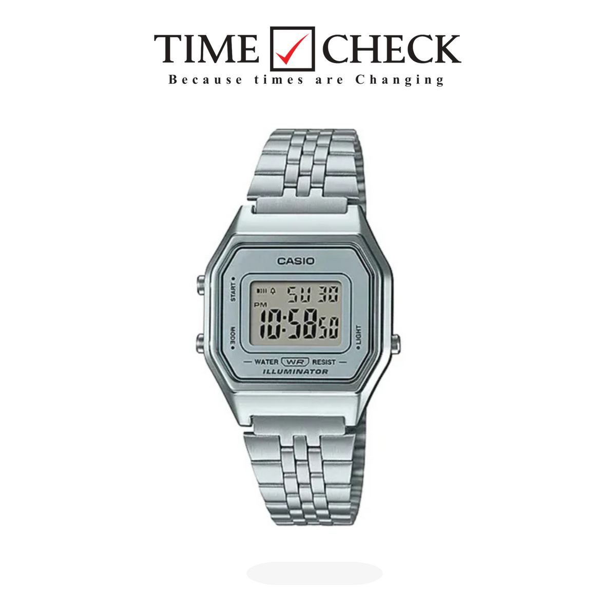 LA680WA-7DF Casio Vintage Stainless Steel Silver Tone Digital Quartz Women's Watch.