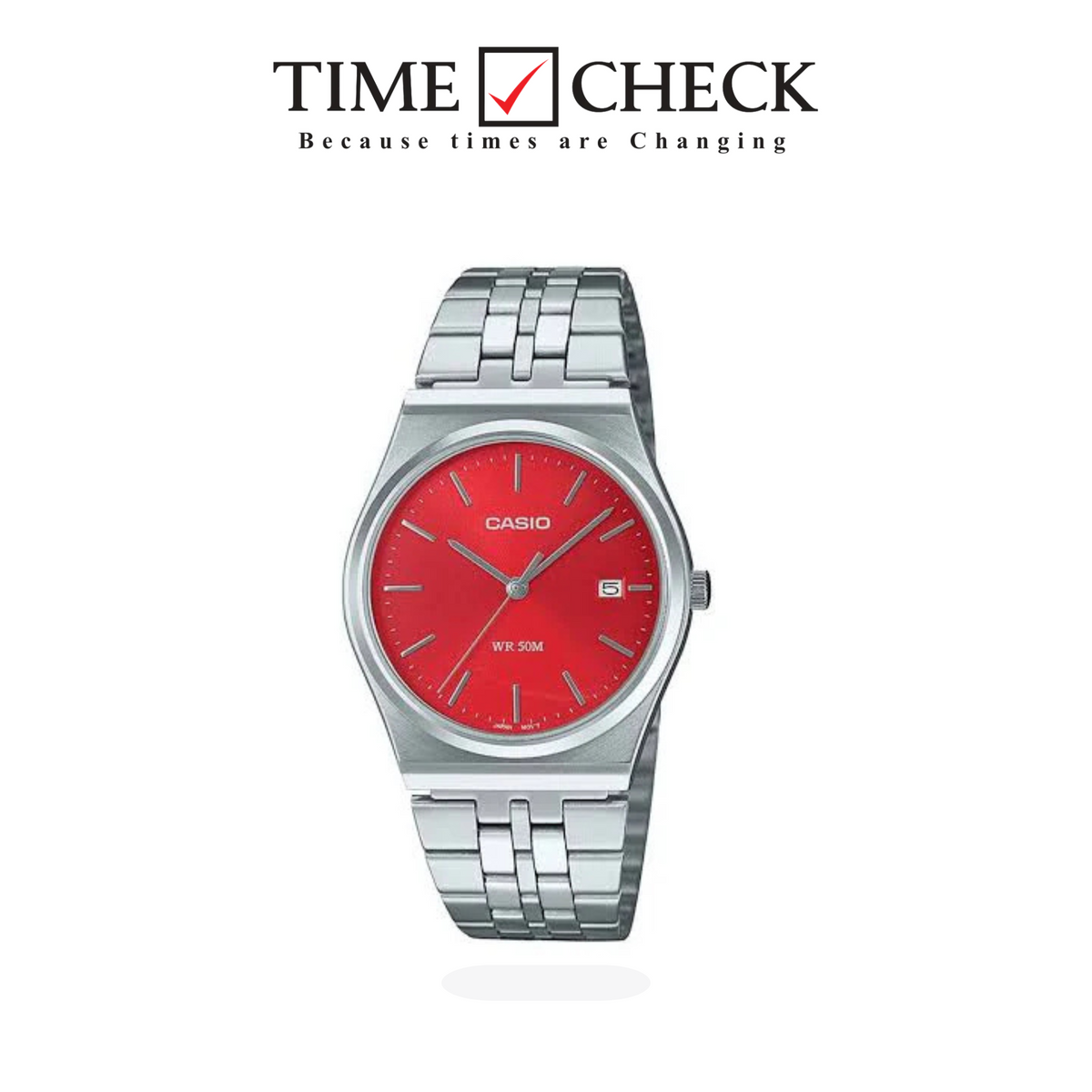 MTP-B145d-4a2 Casio RED Dial Stainless Steel silver Chain Quartz Men's Watch.