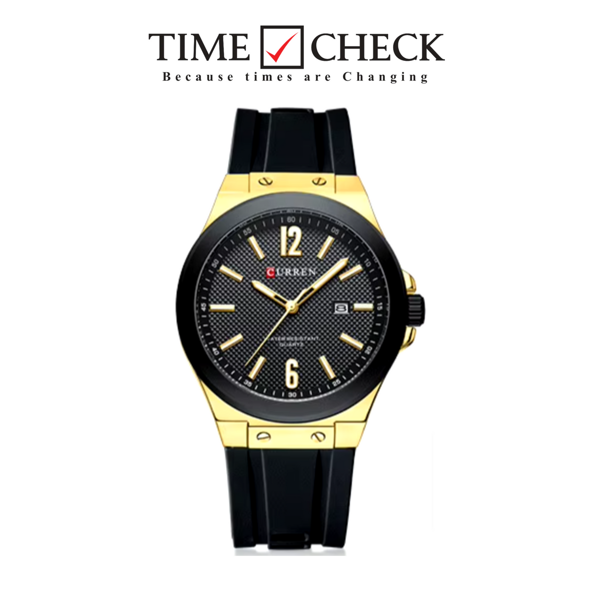 M8467 Curren Black Dial Gold Body black Silicone Strap Analog Quartz Men's Watch With Box & Bag